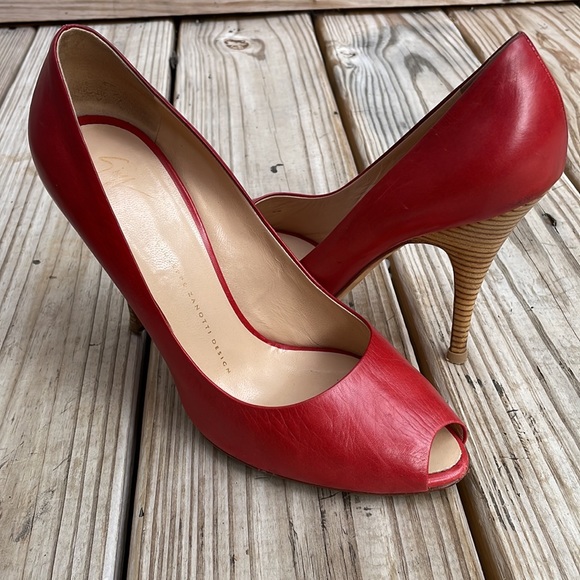 ❤️ 👀 Giuseppe Zanotti Red Leather Peep Toe Wooden Heels Size EU 39.5 - Picture 4 of 13